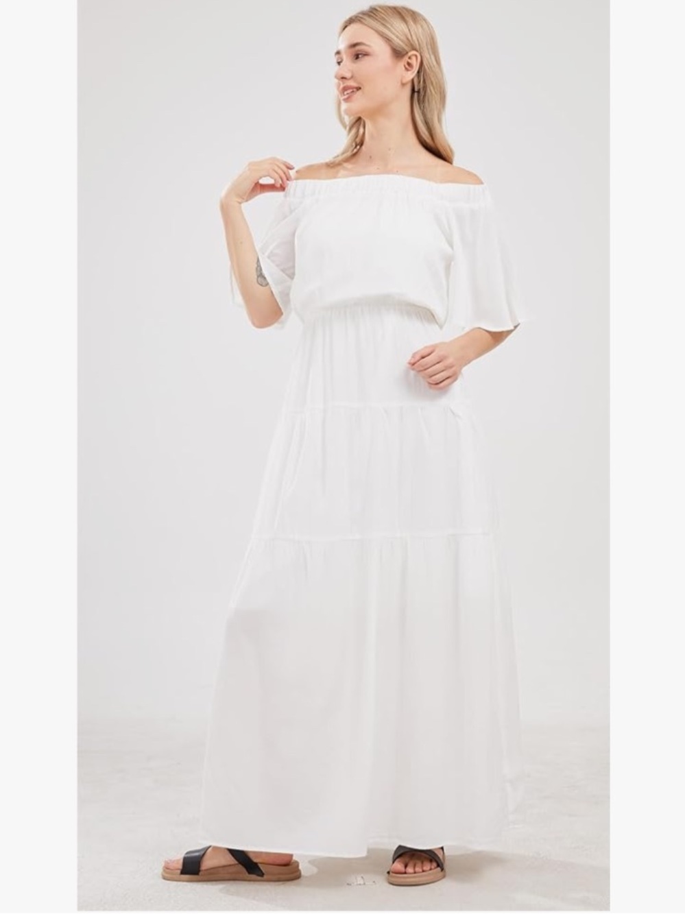 White Off Shoulder Ruffle Dress Short Sleeve Beach Boho Maxi Dress Small NWT